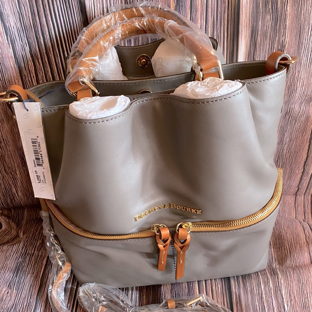 Dooney & Bourke florentine leather medium size satchel in a rich taupe color.